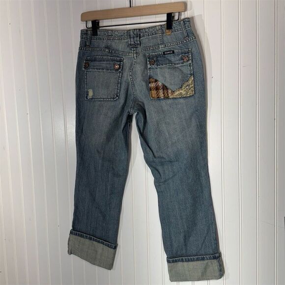 Y2K Squeeze Capri Jeans Patchwork Lace Trim Low Rise Cuffed Hem Size 7 McBling - Picture 3 of 6